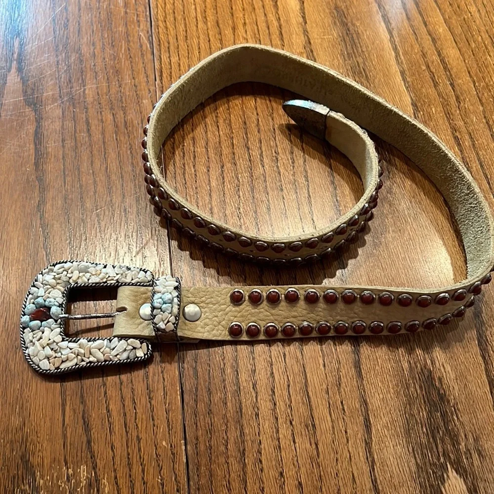 LeatherRock Vintage Tan Leather Belt W/ Burgundy Studs And Multi-colored Rock L